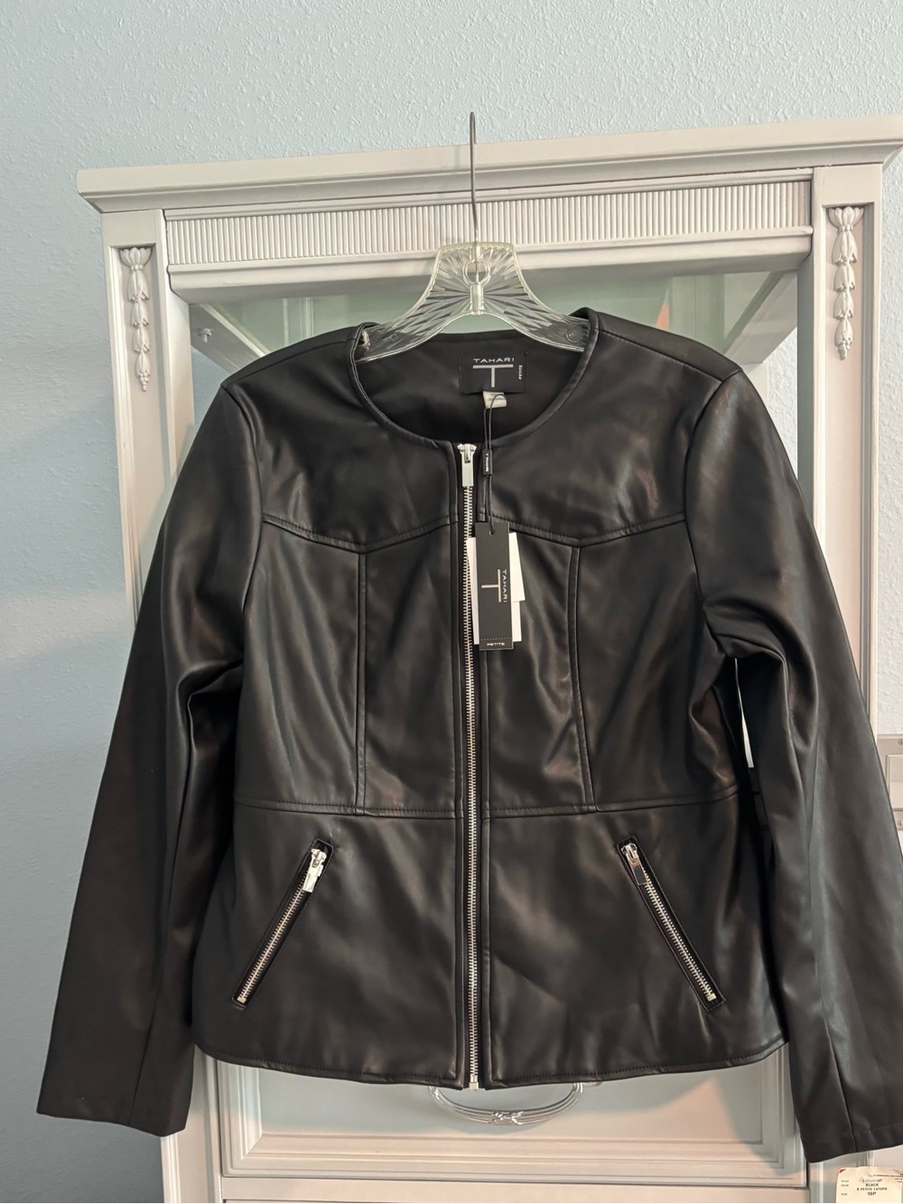 Tahari Black Faux Leather Zip Jacket with Silver Hardware